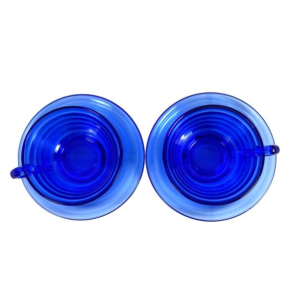 Hazel Atlas Moderntone Cobalt Blue Cups and Saucers-Set of 2 - Picture 2 of 4